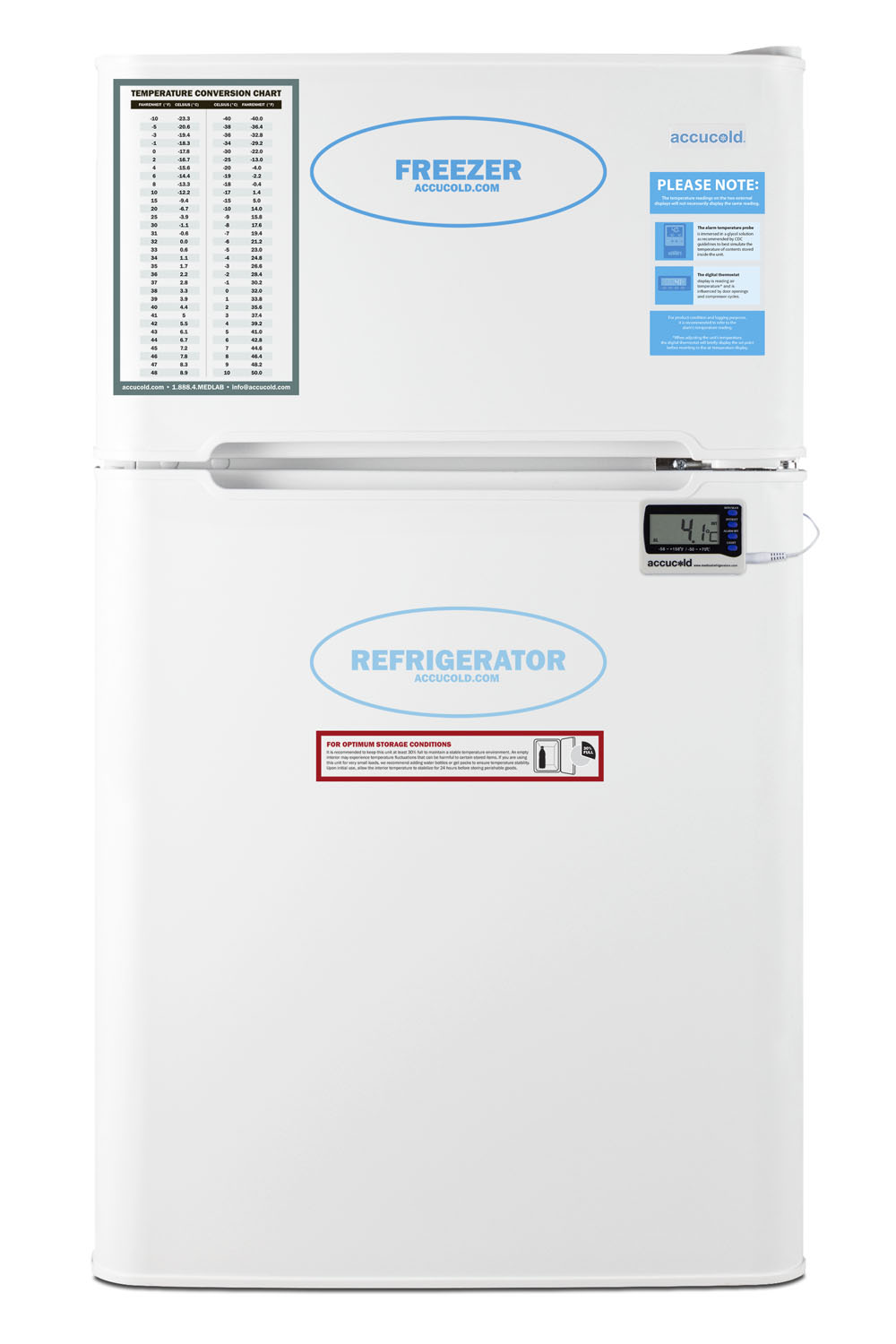 General purpose counter height 2-door refrigerator-freezer with digital refrigerator control, internal fan, and alarm/thermometer